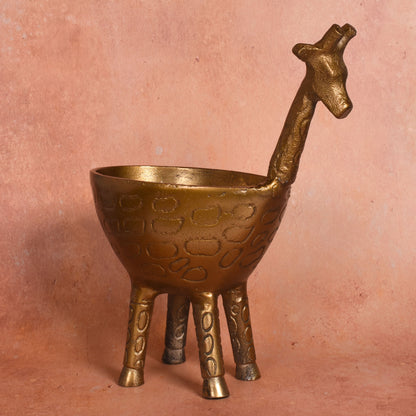 Giraffe 10.25" Cast Metal Planter Bowl Figurine, Antique Gold
