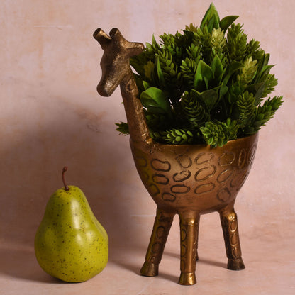 Giraffe 10.25" Cast Metal Planter Bowl Figurine, Antique Gold