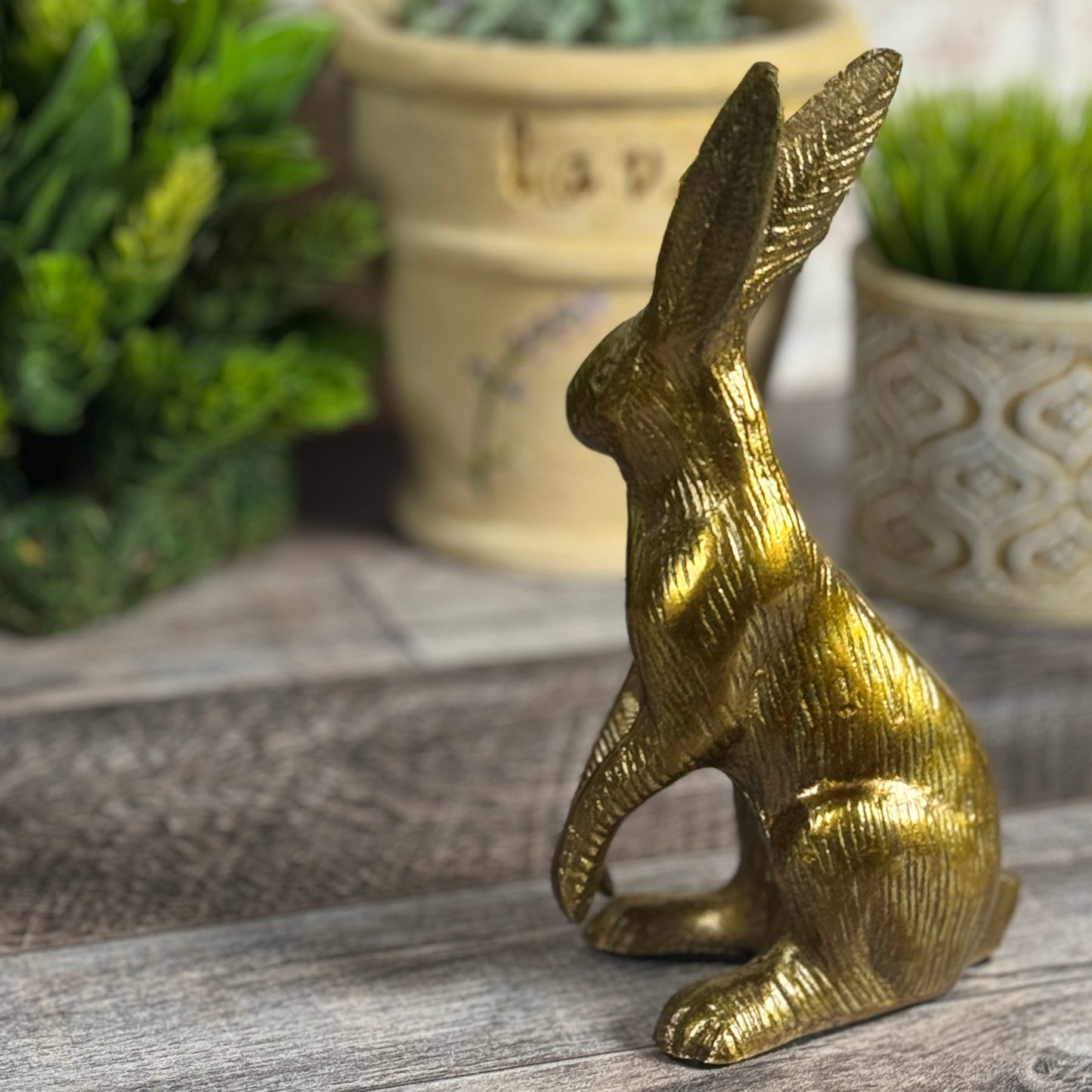 Standing Bunny Rabbit 7" Cast Metal Figurine, Antique Brass