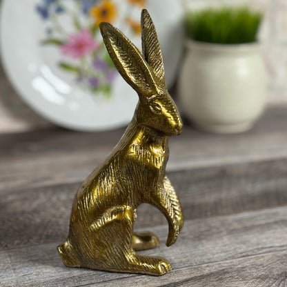 Standing Bunny Rabbit 7" Cast Metal Figurine, Antique Brass