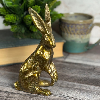 Standing Bunny Rabbit 7" Cast Metal Figurine, Antique Brass