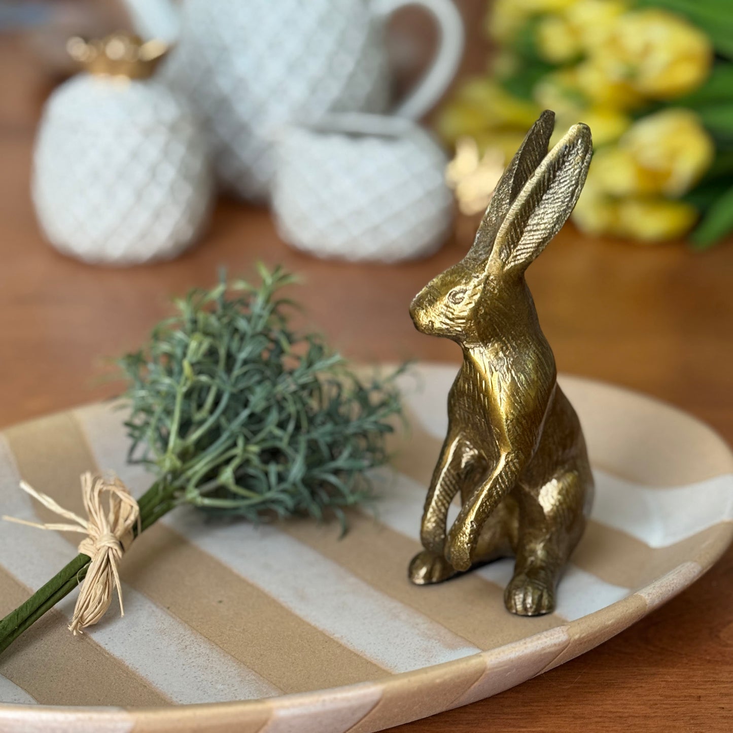 Standing Bunny Rabbit 7" Cast Metal Figurine, Antique Brass