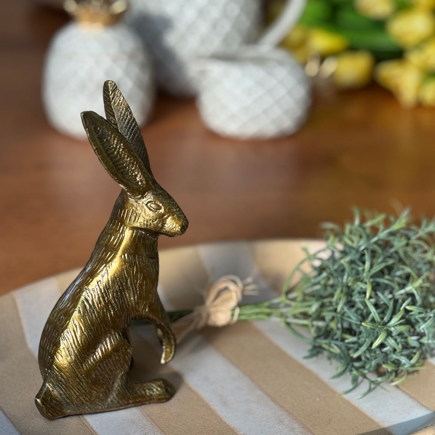 Standing Bunny Rabbit 7" Cast Metal Figurine, Antique Brass