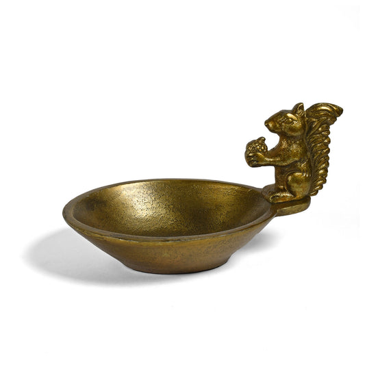 Squirrel with Acorn Cast Metal Decorative Bowl, Antique Brass