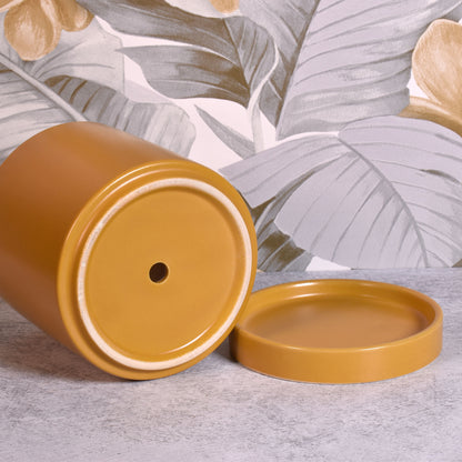Modern Matte Finish 4" Glazed Ceramic Pot with Drainage Hole and Saucer, Ochre