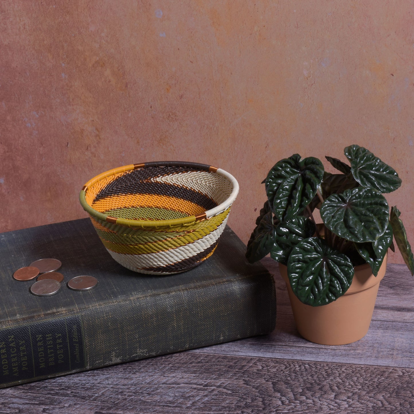 Fair Trade Handwoven Zulu Telephone Wire 4-1/2" Small Round Bowl Basket, African Earth Colors, Each One Varies