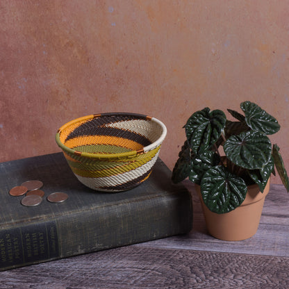 Fair Trade Handwoven Zulu Telephone Wire 4-1/2" Small Round Bowl Basket, African Earth Colors, Each One Varies