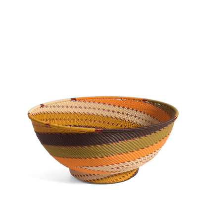 Fair Trade Handwoven Zulu Telephone Wire 8" Round Pedestal Bowl Basket, African Earth Colors, Each One Varies