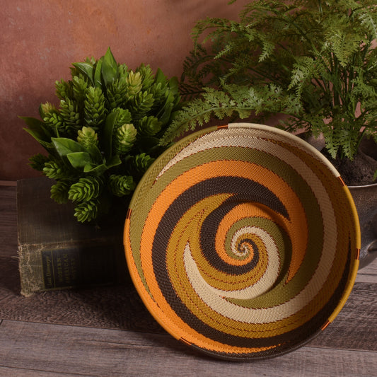 Fair Trade Handwoven Zulu Telephone Wire 8" Round Pedestal Bowl Basket, African Earth Colors, Each One Varies