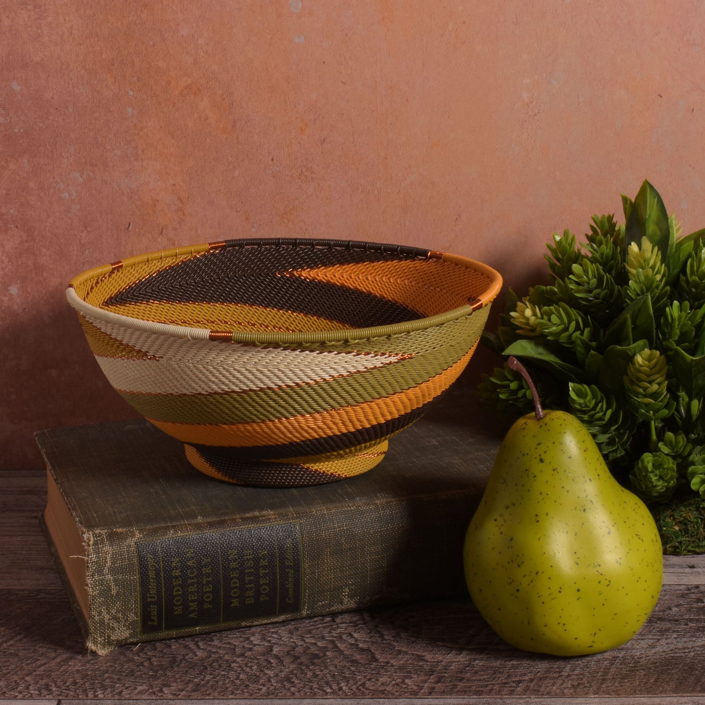 Fair Trade Handwoven Zulu Telephone Wire 8" Round Pedestal Bowl Basket, African Earth Colors, Each One Varies