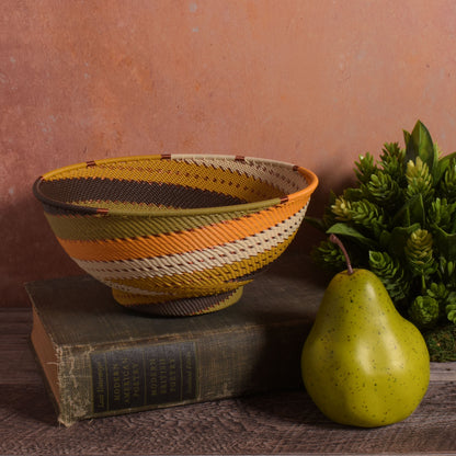 Fair Trade Handwoven Zulu Telephone Wire 8" Round Pedestal Bowl Basket, African Earth Colors, Each One Varies