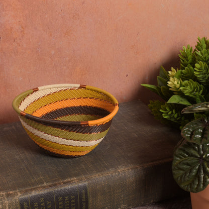 Fair Trade Handwoven Zulu Telephone Wire 4-1/4" Small Triangle Bowl Basket, African Earth Colors, Each One Varies