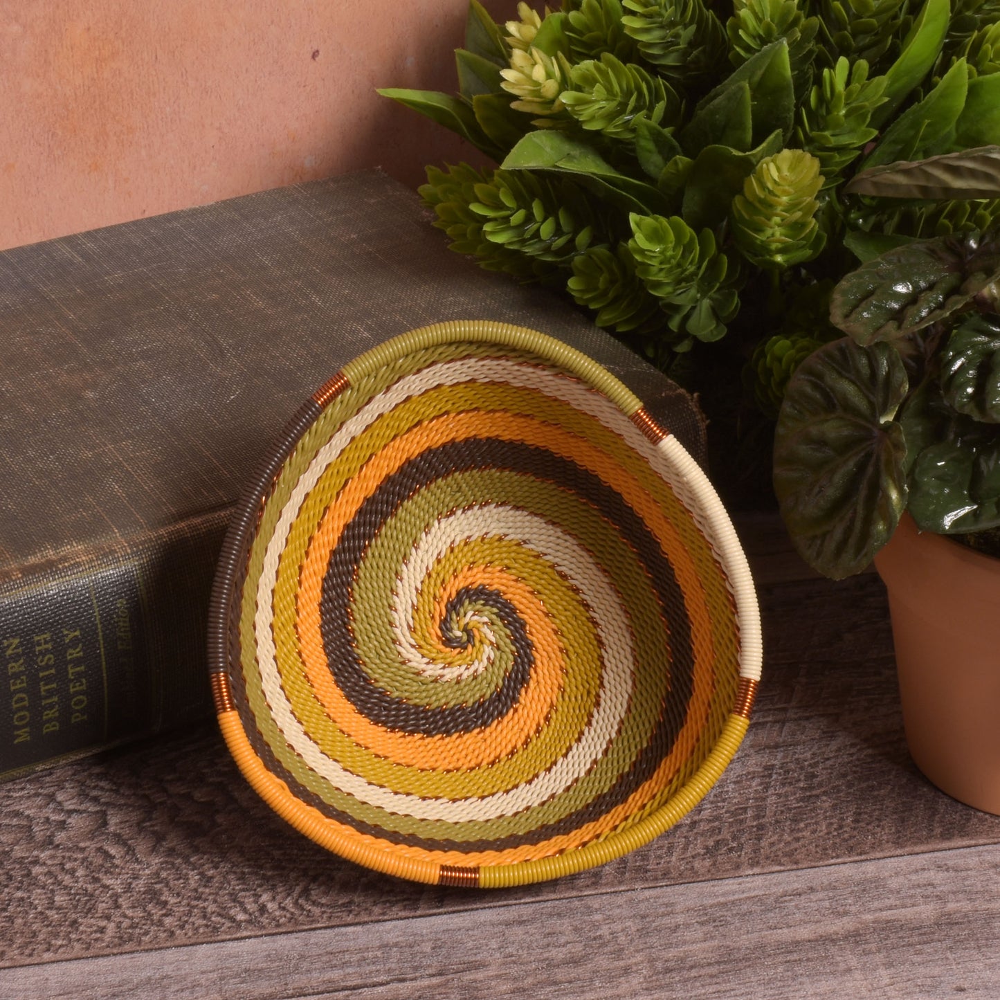 Fair Trade Handwoven Zulu Telephone Wire 4-1/4" Small Triangle Bowl Basket, African Earth Colors, Each One Varies