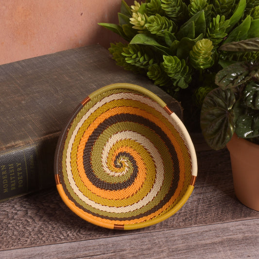 Fair Trade Handwoven Zulu Telephone Wire 4-1/4" Small Triangle Bowl Basket, African Earth Colors, Each One Varies