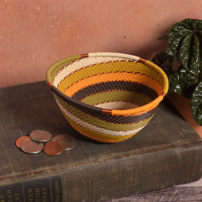 Fair Trade Handwoven Zulu Telephone Wire 4-1/4" Small Triangle Bowl Basket, African Earth Colors, Each One Varies