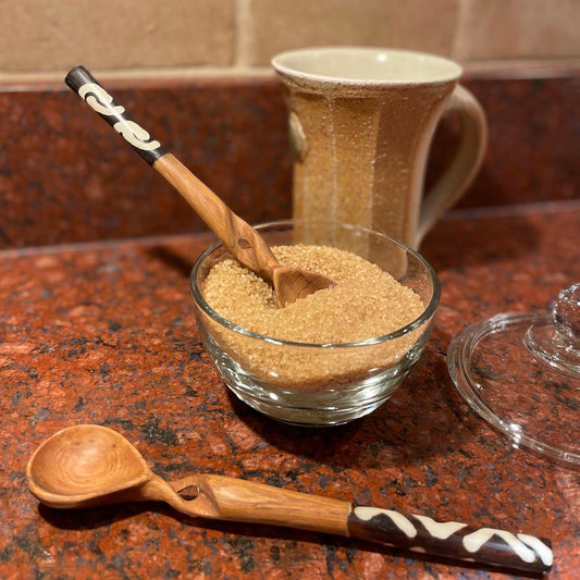 African Hand Carved Olive Wood Condiment Spoons with Bone Handles (Each One Unique), Set of 2