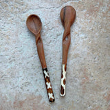 African Hand Carved Olive Wood Condiment Spoons with Bone Handles (Each One Unique), Set of 2