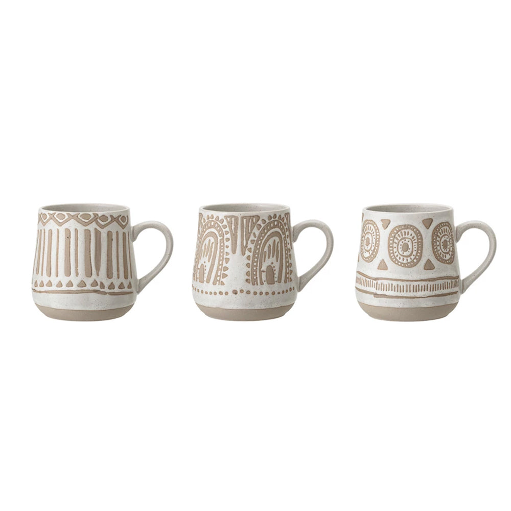 Hand-Painted Geometric Stoneware Mug, Set of 3, Cream/Beige