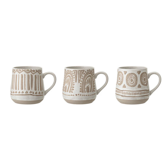 Hand-Painted Geometric Stoneware Mug, Set of 3, Cream/Beige