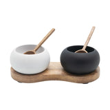 Bloomingville 5-piece Black & White Pinch Pot Set with Wooden Spoons and Mango Wood Tray