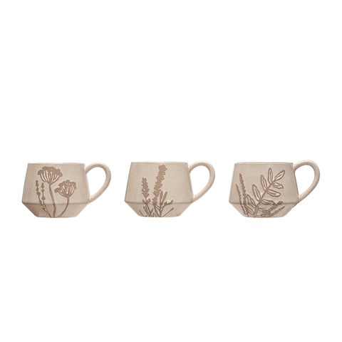 Bloomingville Stoneware Mugs with Wax Relief Botanicals, Set of 3