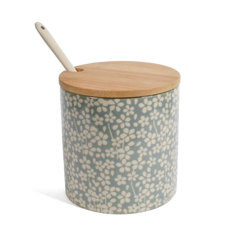 Bloomingville Floral Pattern Jar with Bamboo Lid and Stoneware Spoon, Gray/Multi