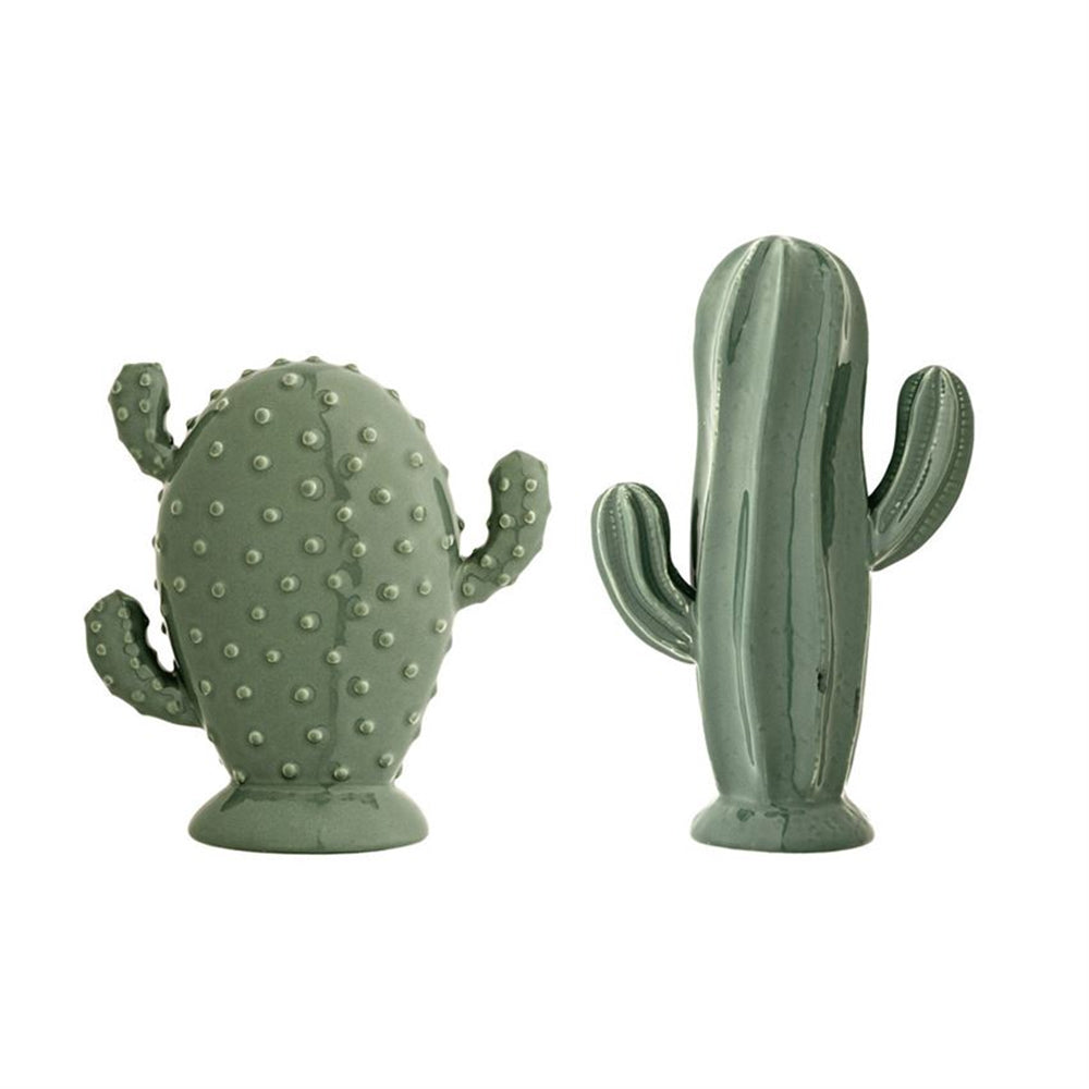 Green Ceramic Cactus, Set of 2, Prickly Pear and Saguaro