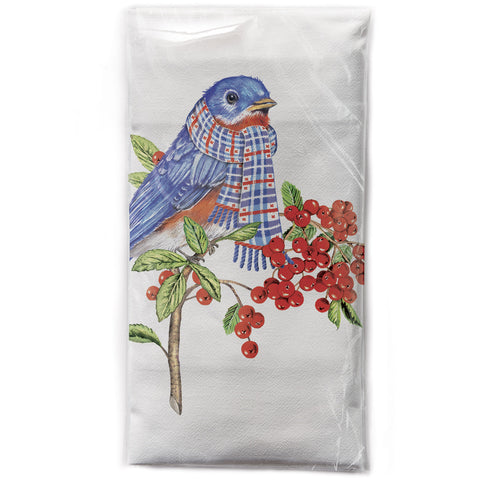 Mary Lake-Thompson Winter Bluebird with Scarf and Berries Cotton Flour Sack Kitchen Dish Towel