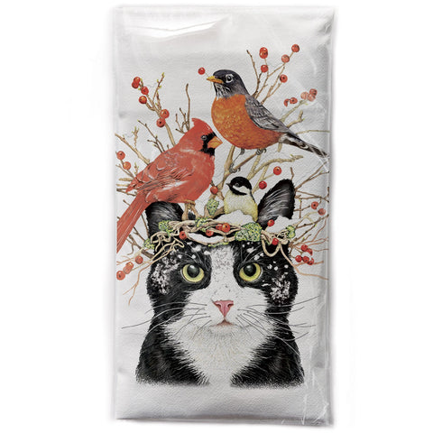 Mary Lake Thompson Winter Cat and Birds Cotton Flour Sack Kitchen Dish Towel