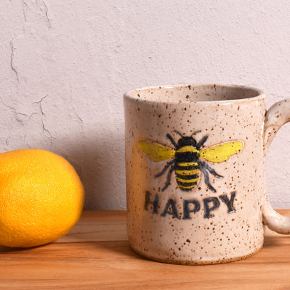 Bee Happy Mug, Hand-Built American Pottery, Each One Unique, Speckled Beige