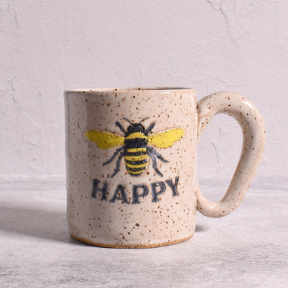 Bee Happy Mug, Hand-Built American Pottery, Each One Unique, Speckled Beige