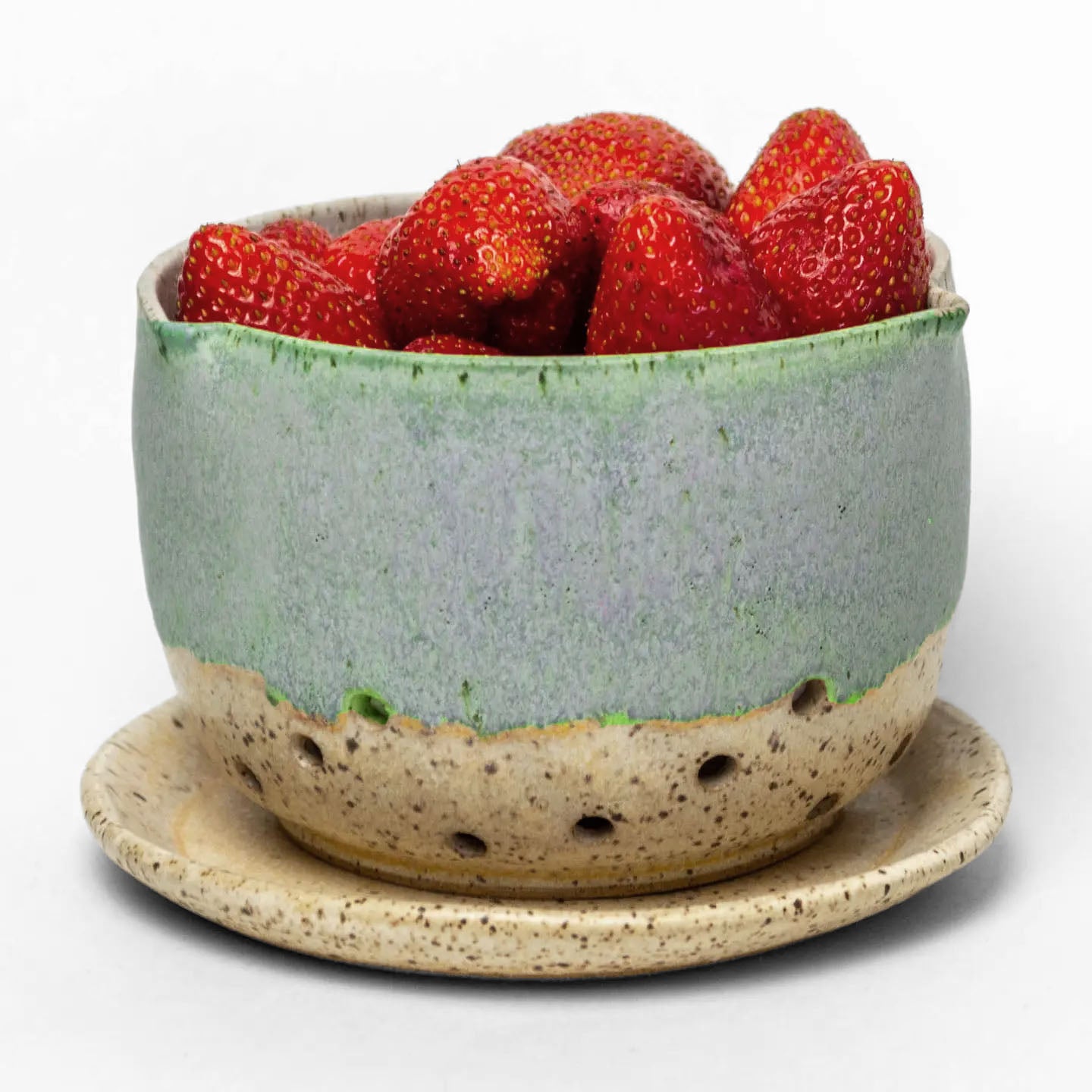 Hand-Thrown Pinched Rim Berry Bowl with Saucer, Each One Unique, Blue/Beige