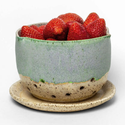 Hand-Thrown Pinched Rim Berry Bowl with Saucer, Each One Unique, Blue/Beige