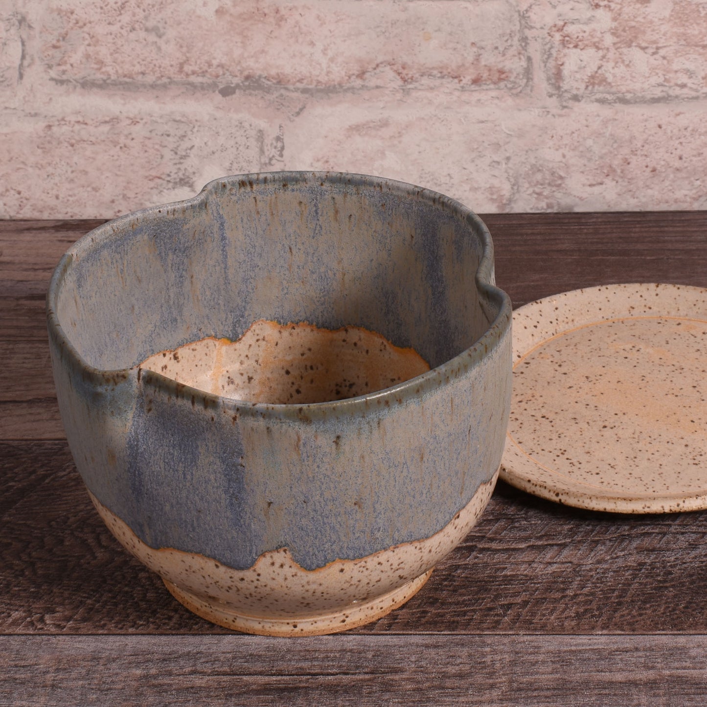 Hand-Thrown Pinched Rim Berry Bowl with Saucer, Each One Unique, Blue/Beige