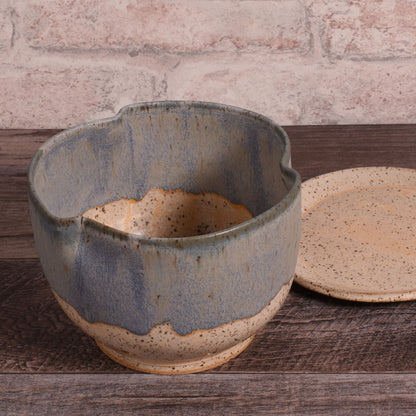 Hand-Thrown Pinched Rim Berry Bowl with Saucer, Each One Unique, Blue/Beige