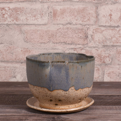 Hand-Thrown Pinched Rim Berry Bowl with Saucer, Each One Unique, Blue/Beige