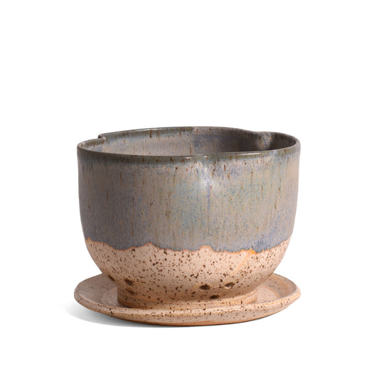 Pinched Rim Berry Bowl with Saucer, Handmade American Pottery, Each One Unique, Blue/Beige