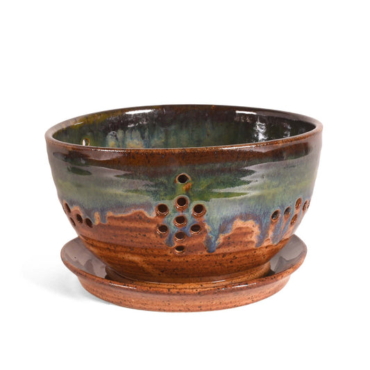 American Handmade Pottery Berry Colander Bowl with Saucer, Emerald Green