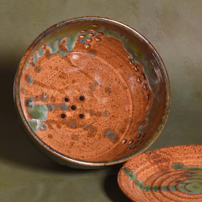 American Handmade Pottery Berry Colander Bowl with Saucer, Emerald Green