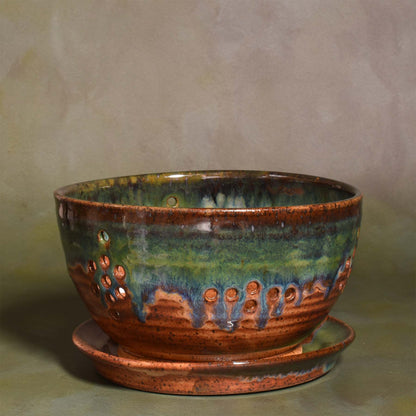 American Handmade Pottery Berry Colander Bowl with Saucer, Emerald Green