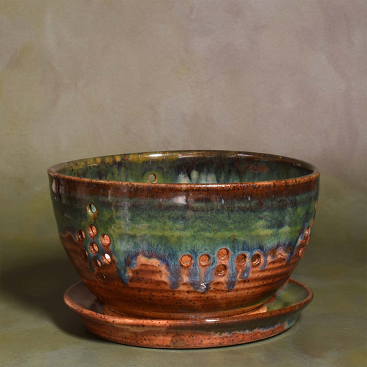American Handmade Pottery Berry Colander Bowl with Saucer, Emerald Green