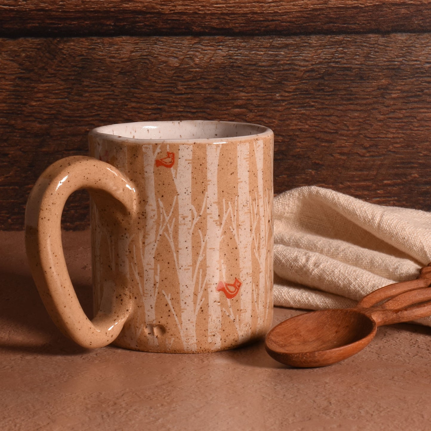 Birch Tree Cardinals Mug, Hand-Built American Pottery, Each One Unique, Speckled Beige