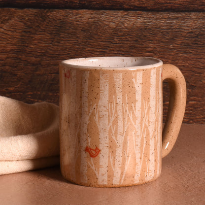 Birch Tree Cardinals Mug, Hand-Built American Pottery, Each One Unique, Speckled Beige