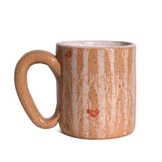 Birch Tree Cardinals Mug, Hand-Built American Pottery, Each One Unique, Speckled Beige
