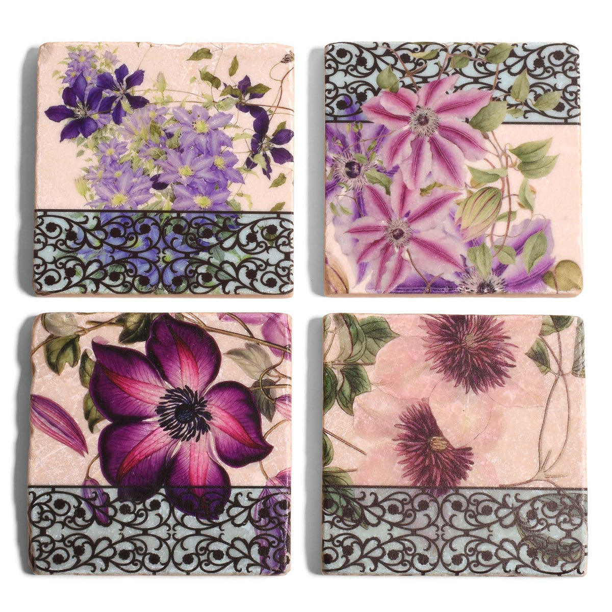 Clematis Flowers Tumbled Marble Coasters, Set of 4