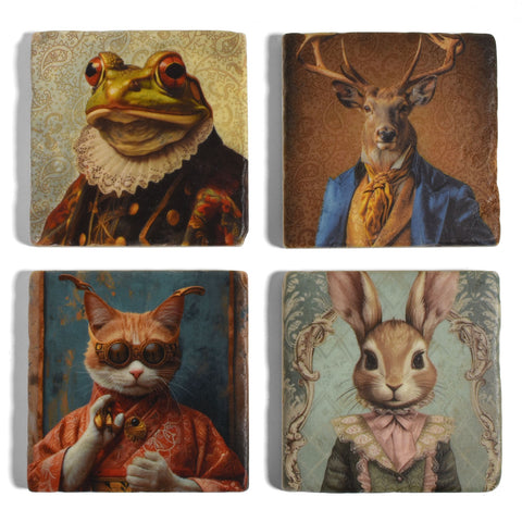 Anthropomorphic Frog, Deer, Cat, and Rabbit Tumbled Marble Coasters, Set of 4