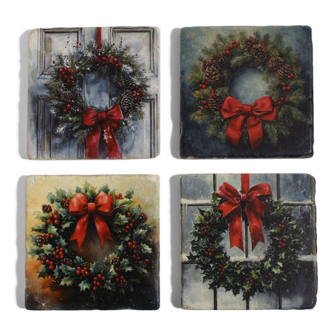 Christmas Wreaths Tumbled Marble Coasters, Set of 4