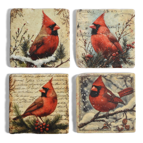 Winter Cardinals Tumbled Marble Coasters, Set of 4