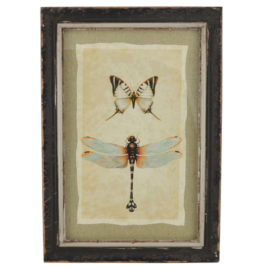 Vintage Style Butterfly and Dragonfly Print with Distressed Wood Frame
