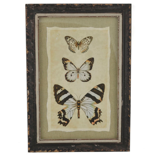 Vintage Style Three Butterflies Print with Distressed Wood Frame, Style B